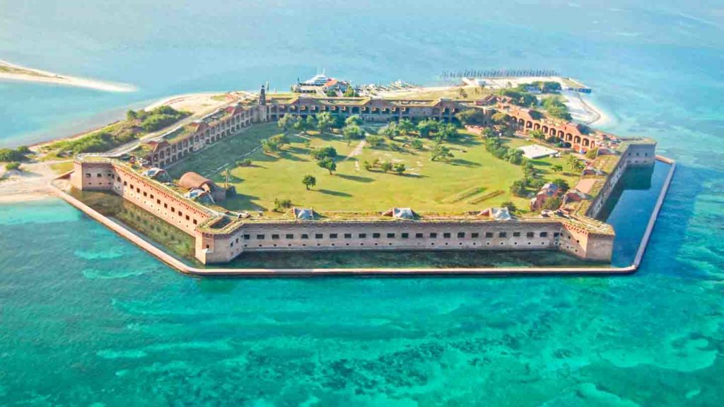 Aerial view of the Dry Tortugas Fort inside the national park offshore from Key West