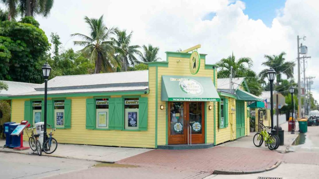 View of the bright green exterior of Kermit's Key Lime Pie Shoppe in Key West